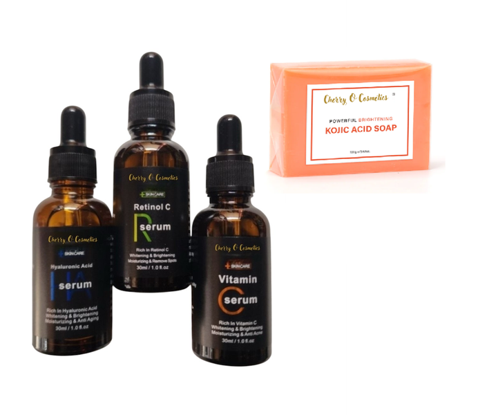 Cherry O Cosmetics Vitamin C, Hyaluronic Acid &amp; Retinol Serum Set with Kojic Acid Acid Soap