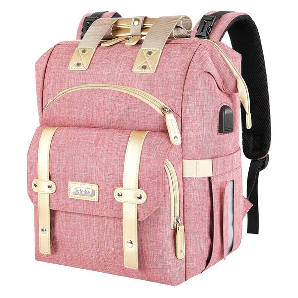 Pink Nappy Bag Portable Travel Baby Diaper Bag With USB Charging Port