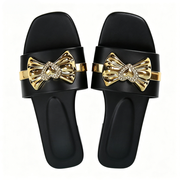 VUN - Women's Bow Flat Sandals - Slip-On Slides - Black
