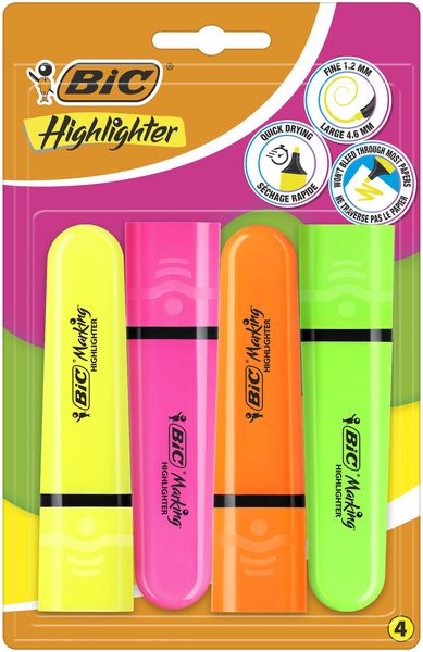 BIC Neon Highlighters Blister 4 Pack Assorted