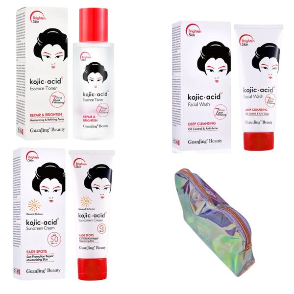 Kojic Acid Essence Toner,Sunscreen Cream, Facial Wash and Cosmetic Bag