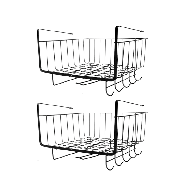 Multi-Purpose Under-Shelf Storage Basket with Hooks and Rails - 2 Pack