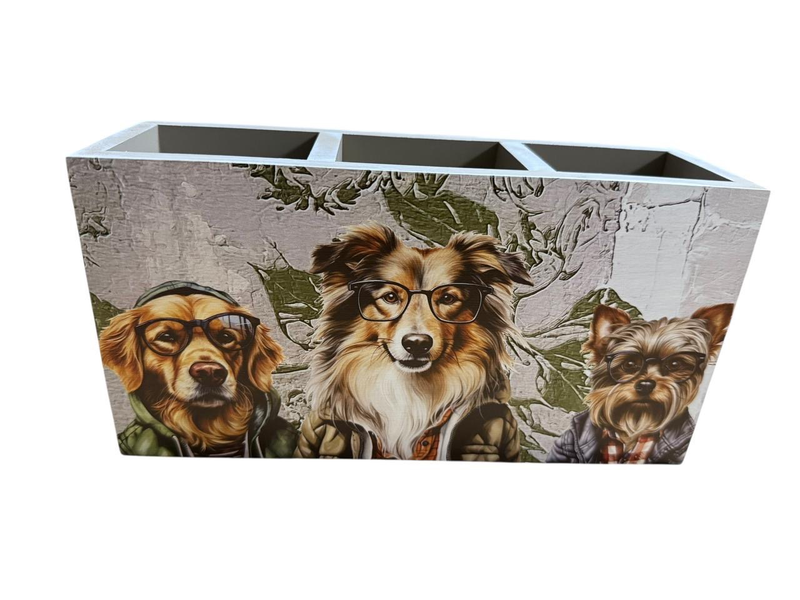 Cutlery/Stationary Holder - Soft Cudley Playful Dogs with Green Leaves