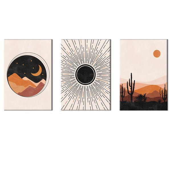 Canvas-Art-3 Pieces Night Desert Sun &amp; Moon Mid Century Floral Wall Art