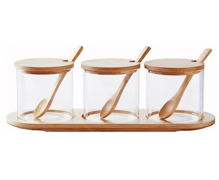 3 Piece Spice Organizer Glass Spice Jar with Bamboo Lid, Spoons &amp; Tray 300ML