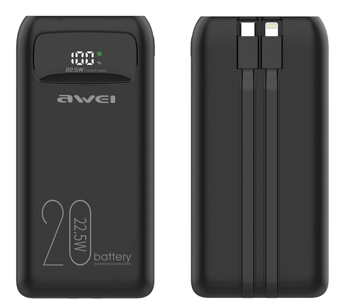 awei-20000mAh Fast Charge Power Bank-2 Cables Contained(Type-C&amp;Lightning)
