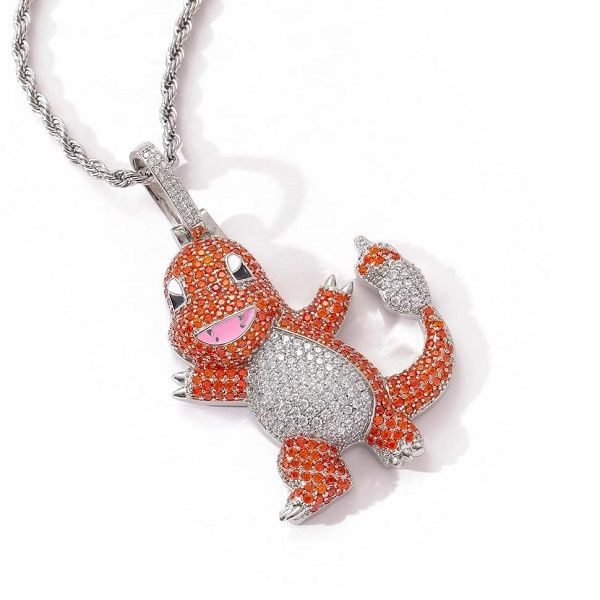 Gold Finish Iced Out Charmander Cartoon Hip Hop Pendant Charm Necklace Set