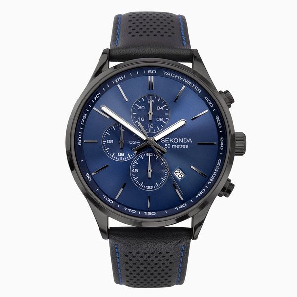 Sekonda Men's Watch - Gun Metal Case &amp; Leather Strap with Blue Dial