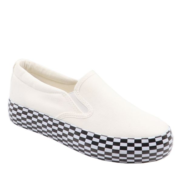 Ladies Checkererd Platform Canvas Slip On Sneakers