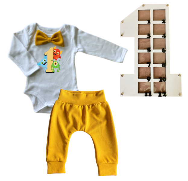 First Birthday Outfit-Long Sleeve &amp; Photo Frame-Mustard-Monster 1