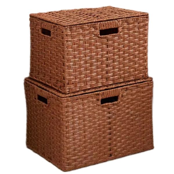 Home 2 Pieces Plastic Rattan Woven Laundry Storage Baskets with Lids