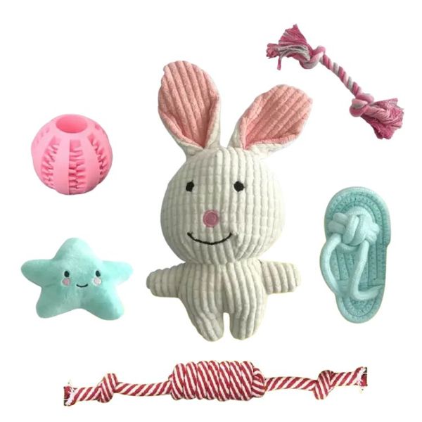 6-Piece Bunny Puppy Starter Toy Pack - Squeaky Plush &amp; Durable Rope Set
