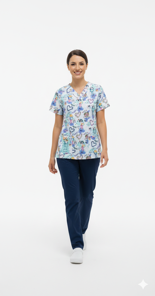 Printed scrub top with colourful pictures of nurse and love heart
