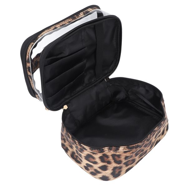 Double Layer Cosmetic Bag PVC Leopard Print Design Large Capacity Makeup