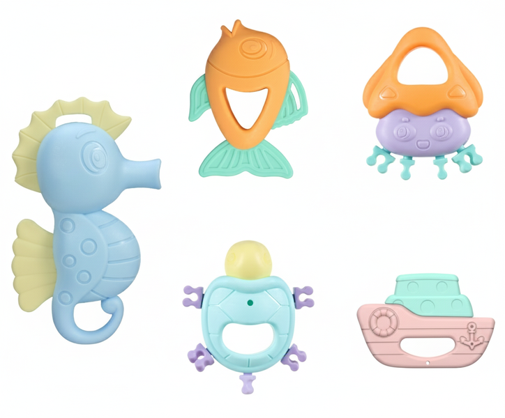 Baby Rattle &amp; Teether Nautical Teething Toy Set - Boil Safe - Set of 5