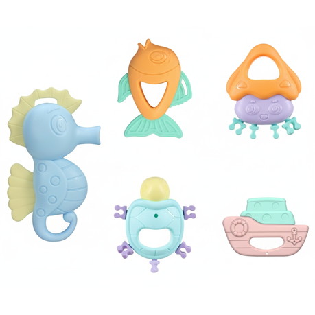 Baby Rattle & Teether Nautical Teething Toy Set - Boil Safe - Set of 5 Image