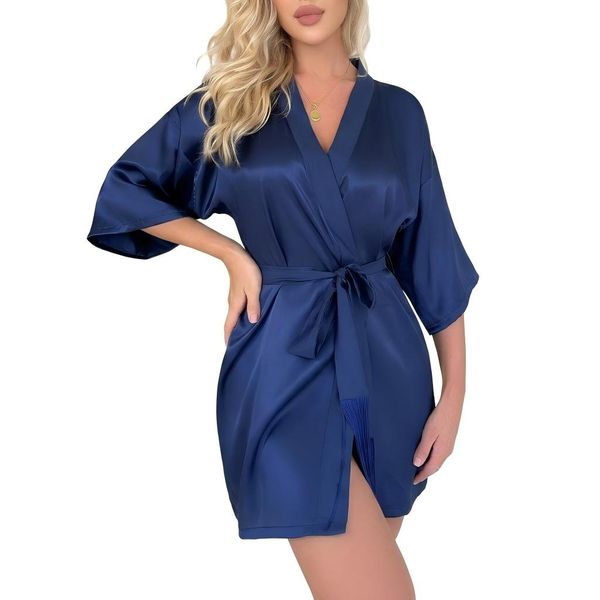 Women's Short Satin Silk Negligee- Lightweight Kimono Sleepwear Bathrobe