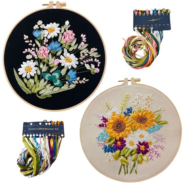 Black and White Flower Value Bundle Ribbon Embroidery Sewing DIY Craft Kit