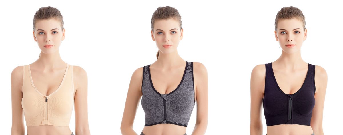 Women's Zip Front Sports Bra Wireless Post-Surgery Bra Active Yoga Bra - Pack of 3