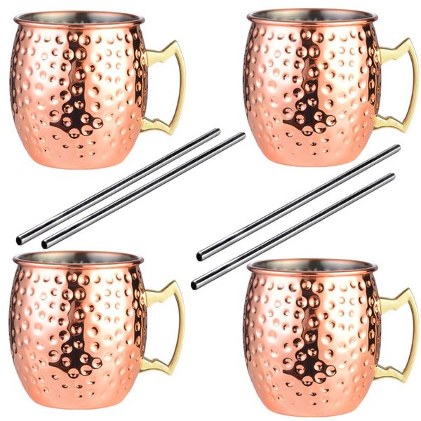 Moscow Mule Cocktail Mugs Hammered Mule Mugs + Metal Straw
