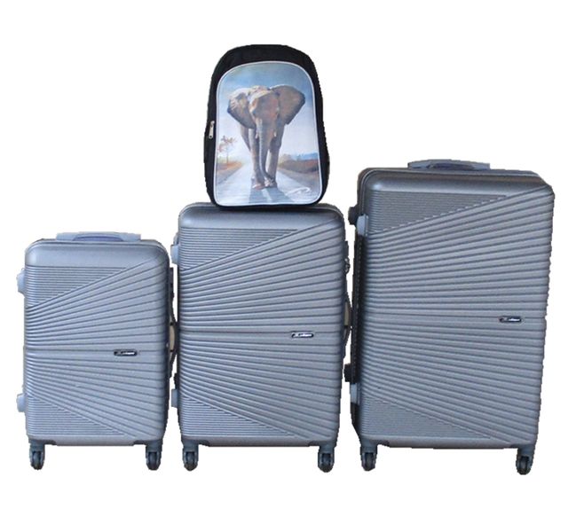 Silver ABS 3-Piece Trolley Luggage Set with Elephant Kids Backpack