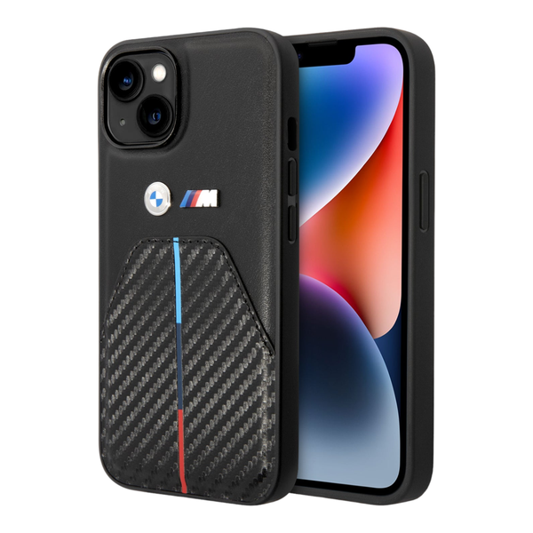 BMW Quilted PU Carbon Case with Tricolor Strips for iPhone 14 Max - Black