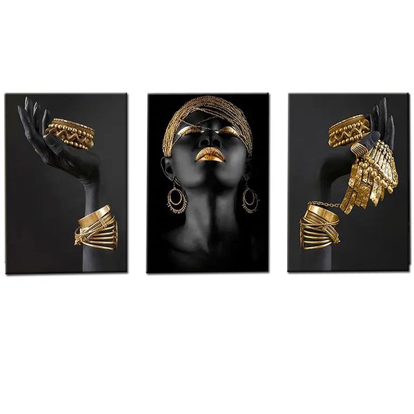 Canvas- Art-3 Pieces Black &amp; Gold Ladies III Canvas Wall Art Decor