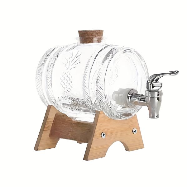 1L Wine Barrel Thick Transparent Glass Jar With A Spout &amp; Wooden Base