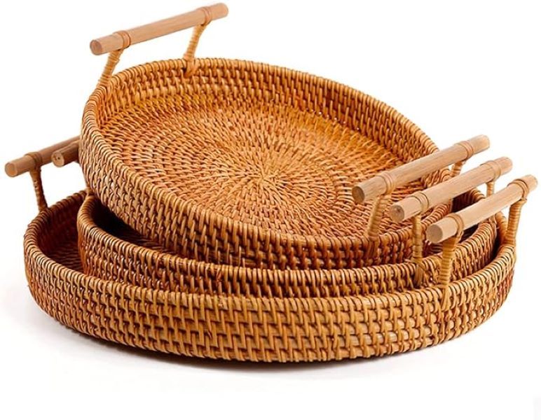 Hand-Woven Rattan Bread and Fruit Basket with Handles