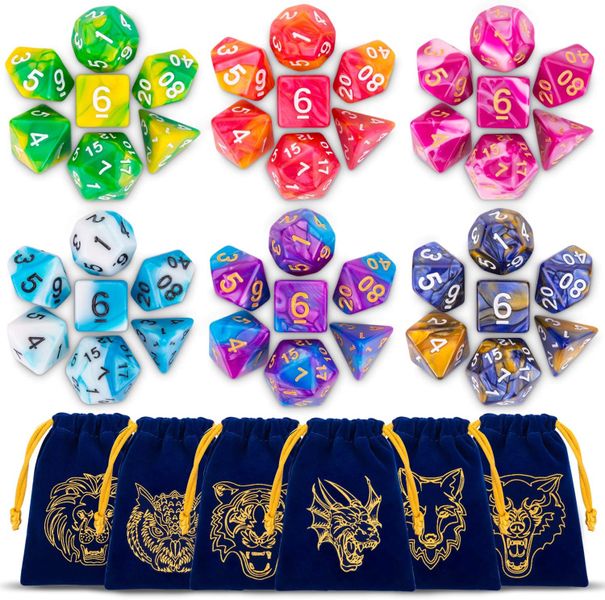 6 Sets Double-Color DND Dice with Blue Drawstring Pouches 42pcs Total