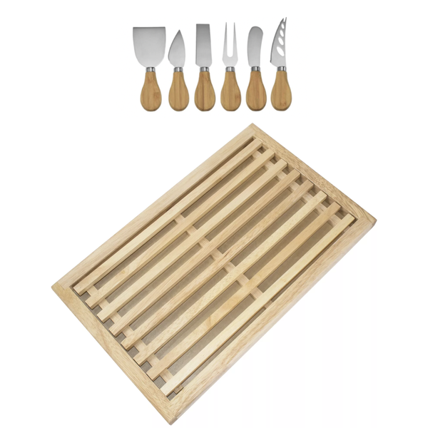 Bread Cutting Board with Crumb Catcher Tray and 6 Piece Cheese knife Set