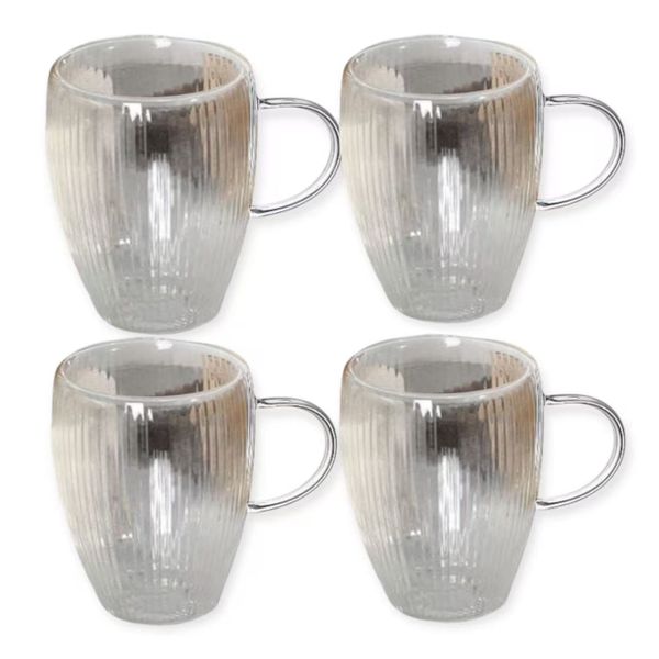 4 Pack Double Wall Ribbed Coffee Glass 350ml Tea Cappuccino Glass