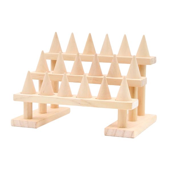 Three-Layer Wooden Cone Shape Finger Ring Stand Jewelry Display Holder