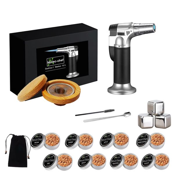 Cocktail Smoker Kit with Torch -8-Flavor Premium Wood Chips, Ice Stones