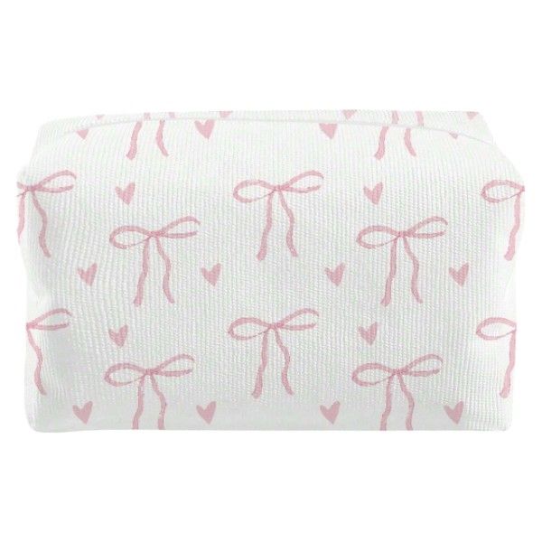 Cute Pink Bow &amp; Heart Design Toiletry Bag With Corduroy Texture - White
