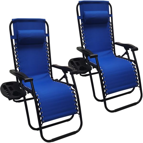2 Set Lounger Chair Folding Recliners with Pillows &amp; Cup Holder Trays
