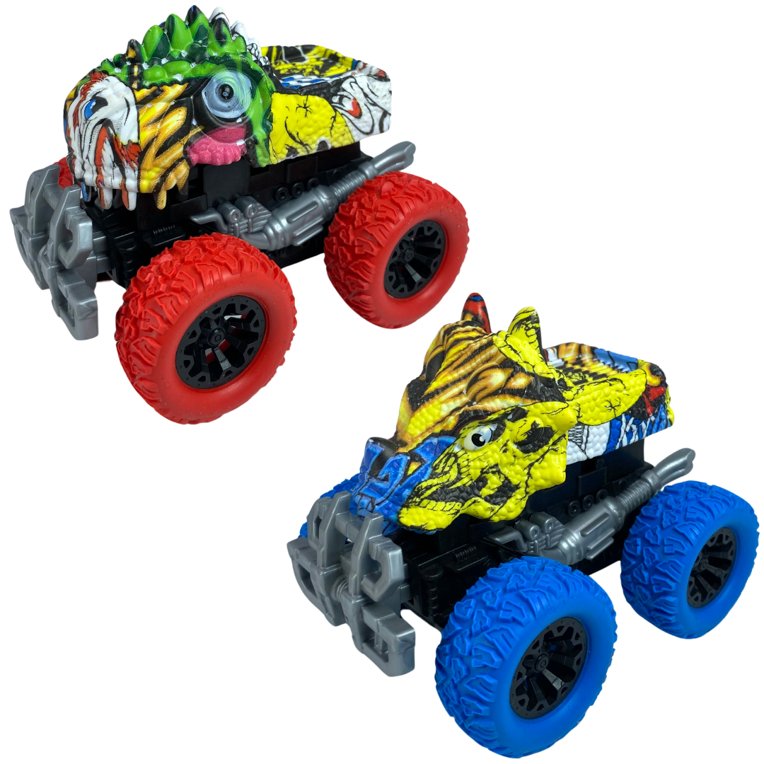 2 Monster Off Road Mini Push And Go Cars For Kids - Red & Blue Wheel 