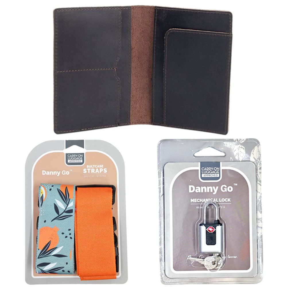 Travel Set Genuine Leather Passport Holder with Suitcase Strap and Lock A