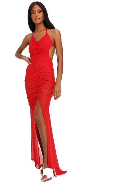 I Saw it First - Ladies Red Mesh Ruched Front Backless Maxi Image