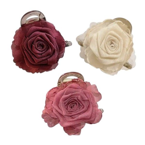 3-Piece Fabric Rose Hair Claw Clips Set - Multicolor