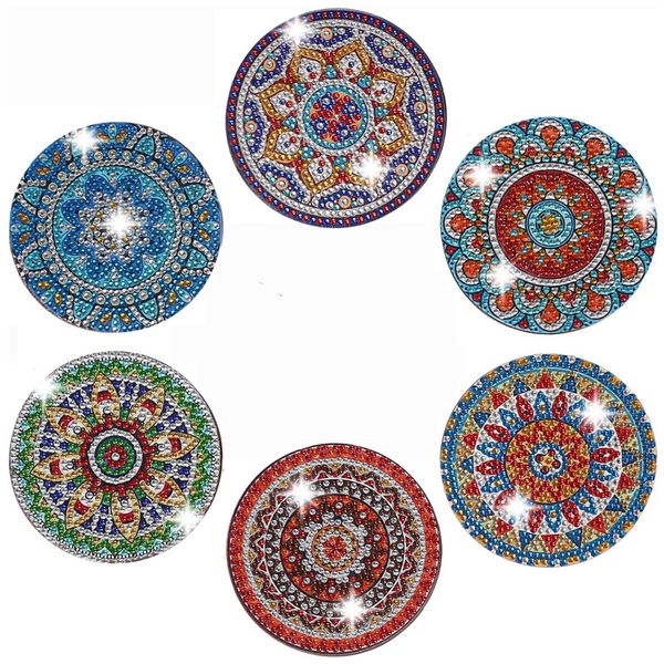 6 Pcs Mandala Cartoon DIY Diamond Painting Coaster with Holder