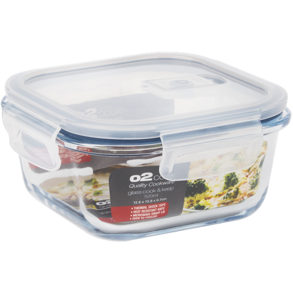 O2 Cook and Keep Glass Container with Airtight Microwave Smart Lid - 520ml