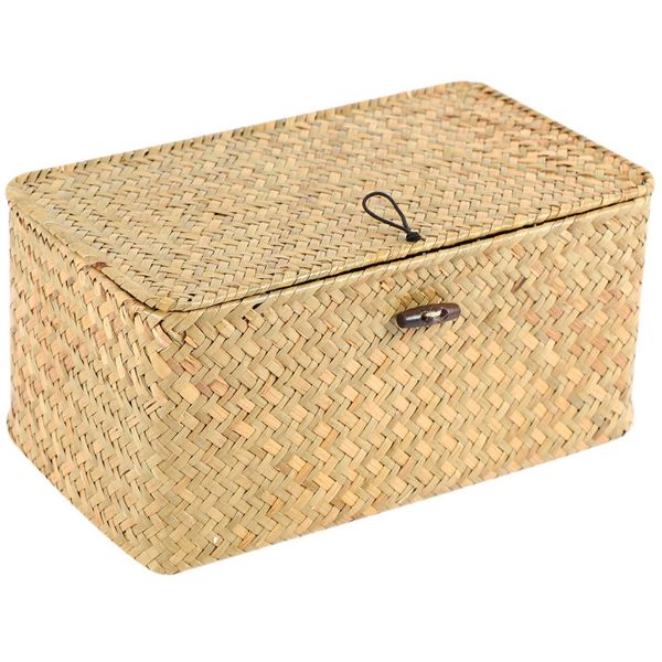 Handmade Straw Woven Storage Basket with Lid Seagrass(S)