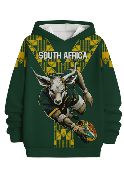 South Africa Bull Rugby Inspired Kids Hoodie - Green &amp; Gold Supporter Top