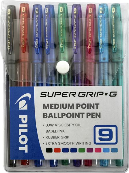 Pilot BPS-GG Supergrip G Med Ballpoint Pen - Wallet of 9 Assorted Colours