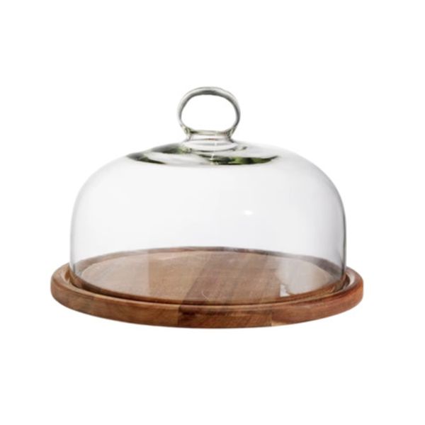 ZY149-3 Glass Dome Cover Cake Stand with Wooden Base (28CM)