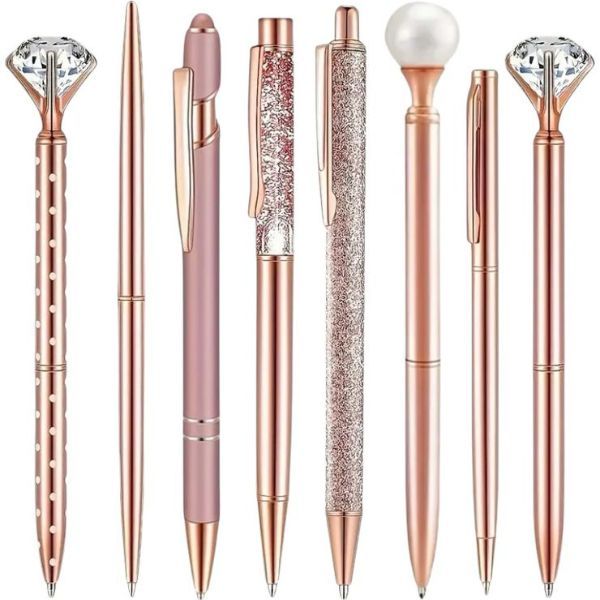 8 Rose Gold Ballpoint Pen Set, Liquid Sand Glitter Pens with Metal Crystal