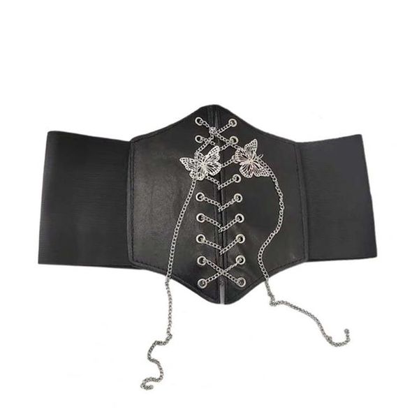 Black Luxury Chain Wide Elastic Lace Up Belt For Women
