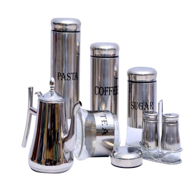 Kettle, 4 Set Canister, Sugar, Pasta, Tea &amp; Coffee &amp; 2 Set Spice Jar- Silver