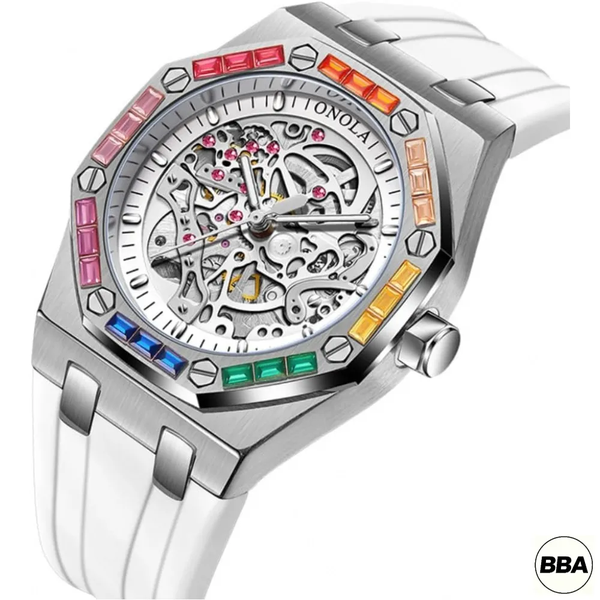 BBA-Fashion Men's Wristwatch with Rainbow Diamond Bezel